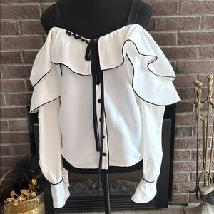 Self-Portrait White Off-Shoulder Ruffle Blouse with Black Trim